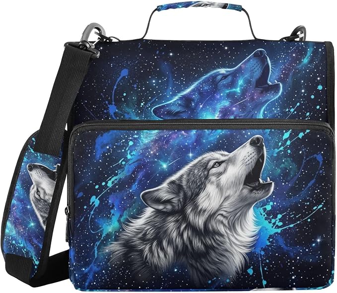 Wolf Space Star Print 3 Ring Zipper Binder with Shoulder Strap & Handle 2 Inch D-Ring Zippered Binder Bag with Multiple Pocket & Pencil Pouch, Binder Organizer for School or Office
