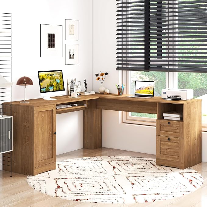 Giantex 66" L-Shaped Desk with Storage Drawers & Charging Station, Spacious Corner Computer Desk with Keyboard Tray, Adjustable Shelf, Cabinet, Huge Workspace Home Office Study Writing Desk (Natural)