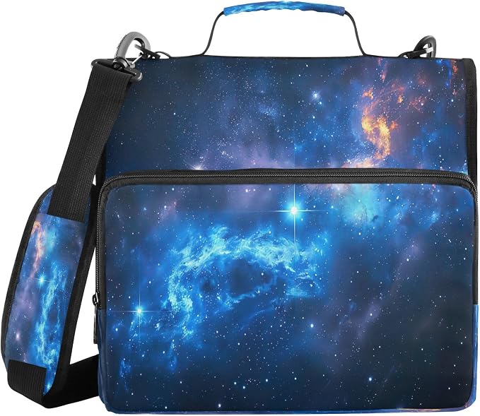 3 Ring Zipper Binder Galaxy Binder Organizer Portfolio with File and Shoulder Strap & Handle Large Capacity File Folder