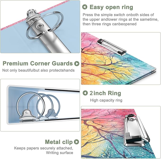 Rouidr 3 Ring Binder, 2 Inch Round Ring Binder Organizer with Clipboard, 5 Dividers Tabs, A4 8.5 x 11 Inch Paper & Clear Sleeves for School, Office Supplies
