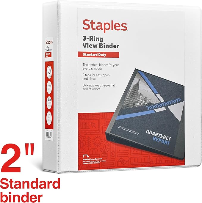 Staples 2" 3-Ring View Binder, D-Ring, White, 4/Pack