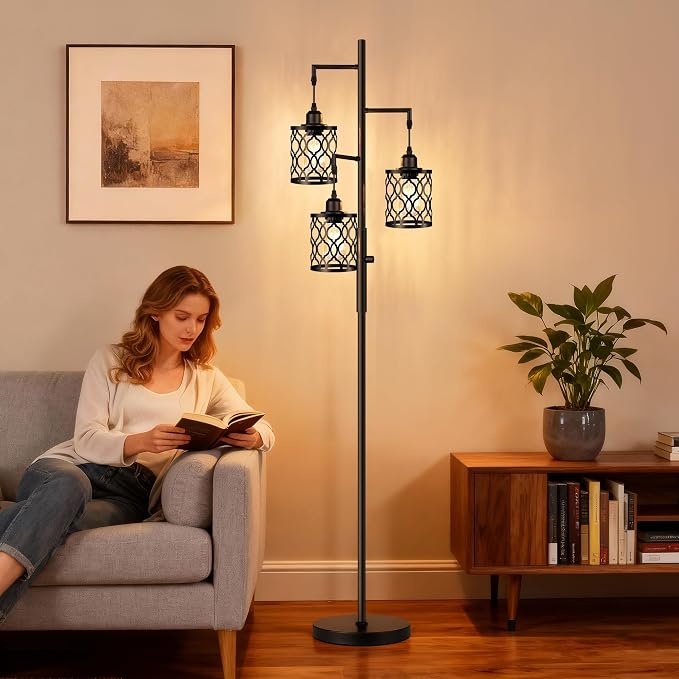 73" Dimmable Farmhouse floor lamps for living room, Industrial Tree Floor Lamp with 3 X 6W LED Bulbs, Stepless Dimming, Metal Cage Shades, 3 Light Rustic Standing Tall Lamp for Bedroom, Office, Black