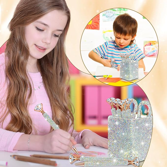 Qilery 8 Pcs Bling Desk Accessories Gift with 1 Bling Pen Holder 6 Pcs Crystal Rhinestone Pens 1 Crystal Scissors Glitter Makeup Brush Holder Valentines Gift Vanity Decor Organizer(Multicolor)