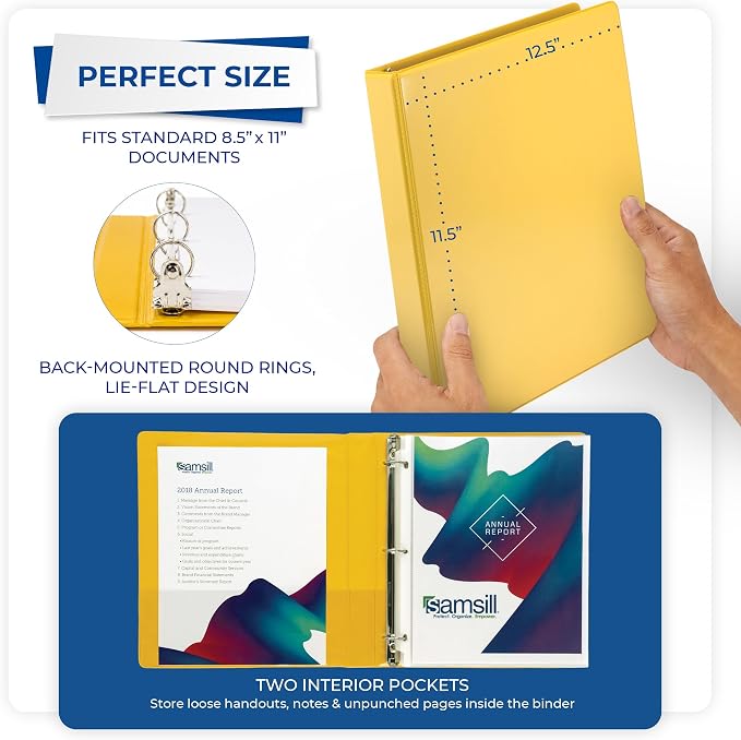 Samsill 1 Inch 3 Ring Binders, Economy Round Ring, Clear View Cover, 200 Sheet Capacity - for School, Home, Office - Yellow, 12 Pack