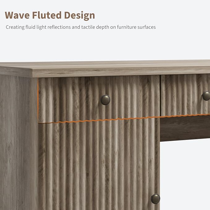 Garvee 60" Office Desk with Storage & Drawers for Home Office, Grey | Fluted Wood Executive Desk with File Drawer & Charging Station, Modern Computer Desk with Adjustable Shelves
