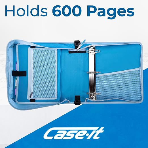 Case-it Zipper Binder | 3-Inch O-Rings | 600-Sheet | D-146 Watercolor Sky | Mighty Zip Tab, 5-Subject Expanding File Folder, Multiple Pockets, Storage Organizer, Shoulder Strap, School & Office