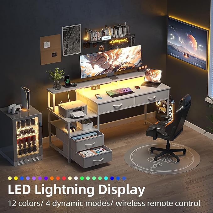 MUTUN 53" Computer Desk with 4 Drawers & Power Outlets, Reversible Home Office Desk with Monitor Stand & Printer Stand, Gaming Desk with Led Lights, Study Writing Work Desk Table for Bedroom (White)