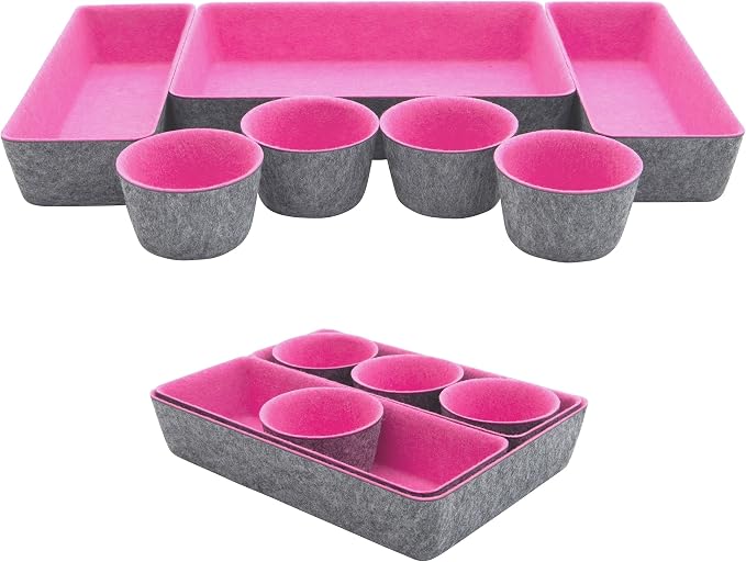 Teeo - Desktop Storage Drawers - Makeup Organizer Drawers - Office Drawer Organizer Tray - Pink Organizers and Storage - Home Desk Bins Dividers Box Compartment Organization - Pack of 7, Hot Pink