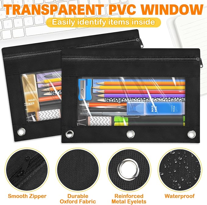 Pencil Pouch for 3 Ring Binder, 100 Packs Zipper Pencil Pouch Bulk (Black) | Pencil Case for Binder with Clear Window, Pencil Pouches Bulk for School Classroom, Teacher Students Supplies Bulk