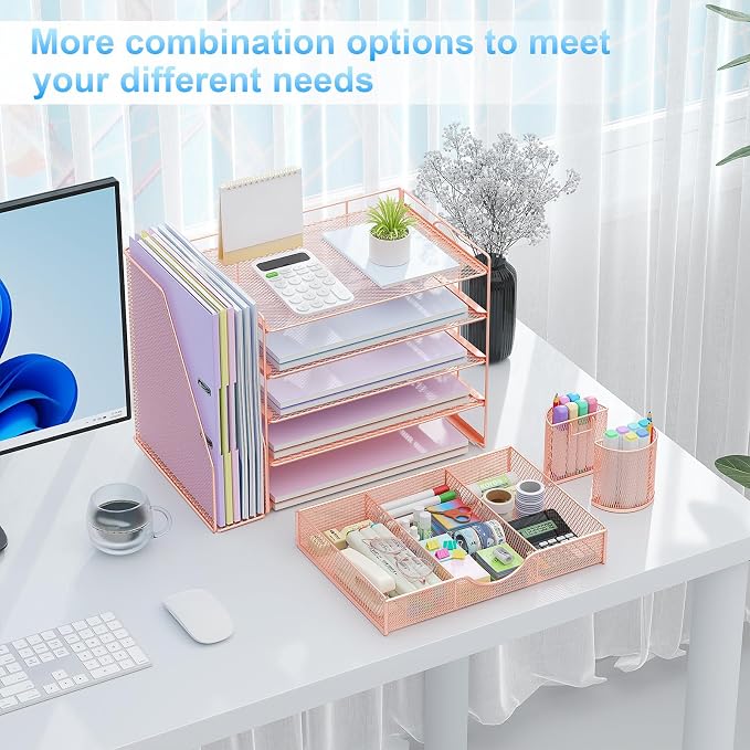 gianotter 5-Tier Desk Organizer with Drawers and File Holders | Letter Trays and Pen Holders - Workspace Accessories for Office Supplies (Rose Gold)