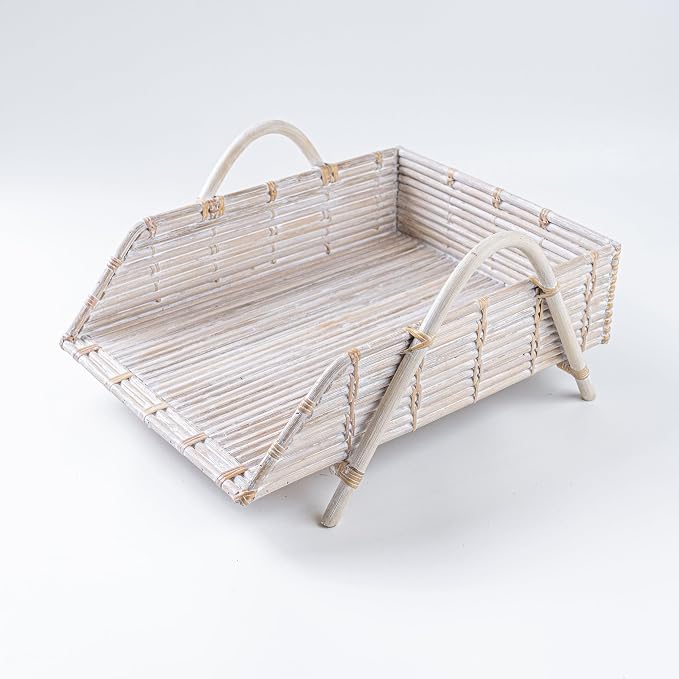 Rattan Inbox Tray for Desk, Made in Indonesia – 14x10.5x3.5 inch Handwoven Basket Organizer, Single Letter Tray with Sturdy Frame, Decorative Wicker Paper Holder (White Wash)
