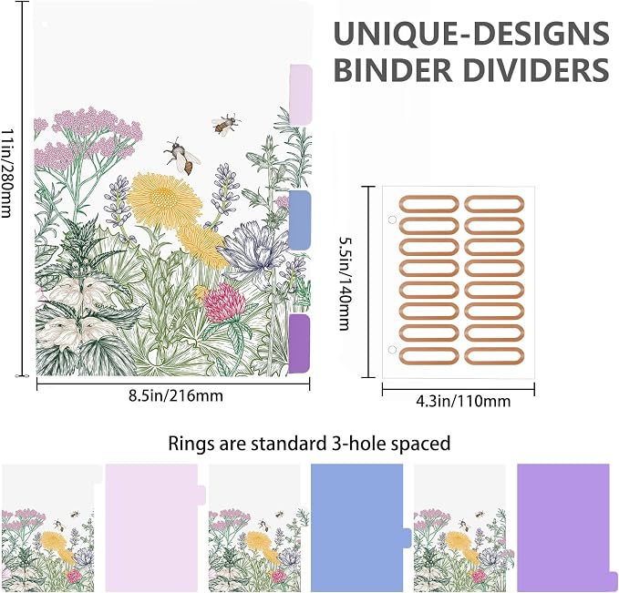 3 Ring Binder 2 Inch, Round Ring Binders with 6 Tab Dividers, 2 Interior Storage Pockets, Cute Low Profile Clipboard, Fashion School Office Supplies, Folders Organizer, Portfolio (Wild Flowers)