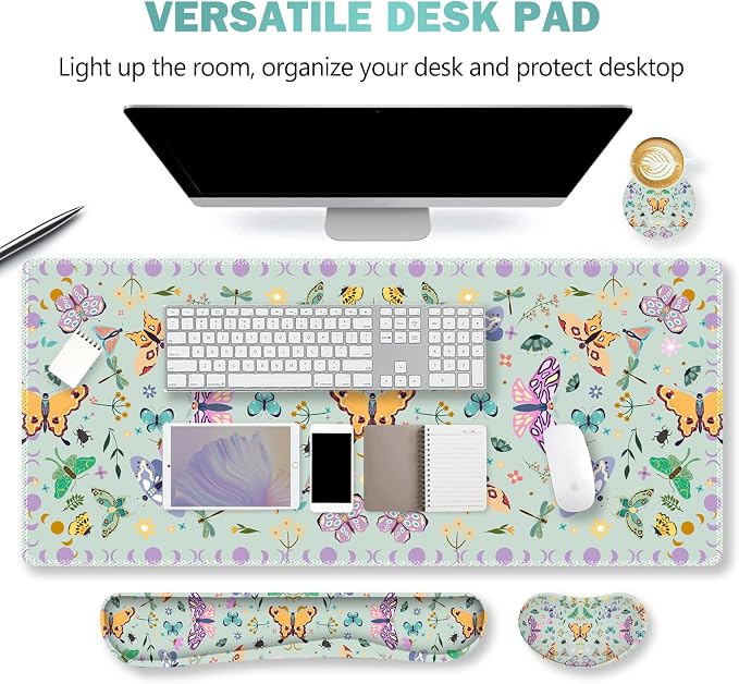 Desk Mat Set, Aquamarine Extended Gaming Mouse Pad with Wrist Rest Support +Keyboard Wrist Rest +Coaster, Large Cute Butterfly Mousepad for Office, Home