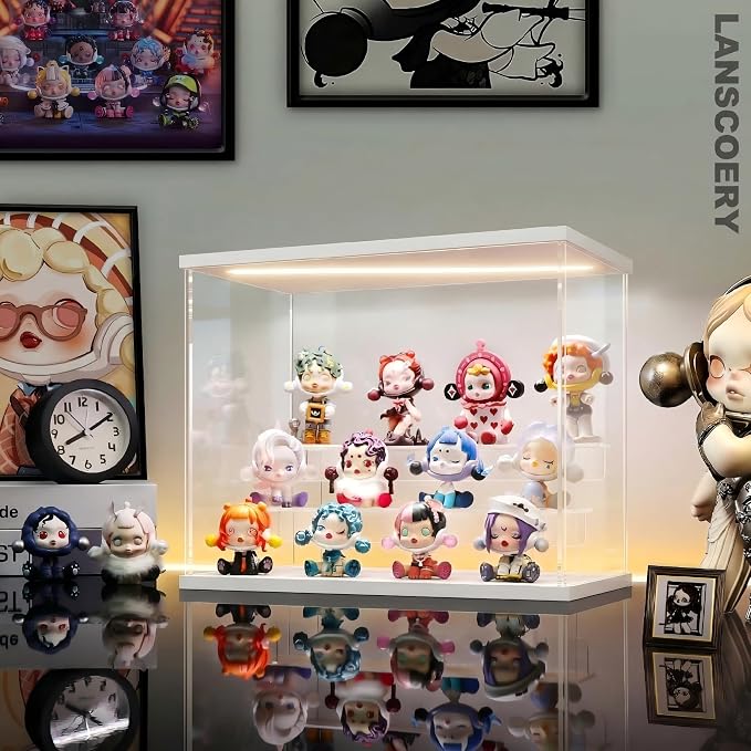 LANSCOERY Acrylic Display Case for Collectibles, 3-Tier LED Light, White | 3mm clear acrylic panels with front door access and tri-color top light for small figures on a desk or shelf.