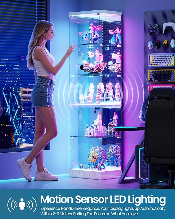 67''H Lockable Display Cabinet with Glass Doors & RGB Lights,Gaming Room | 5-Tier Glass Curio Display Cabinets with Motion Sensor Lights, China Cabinet with Removable Shelves,Lighted Showcase,Black
