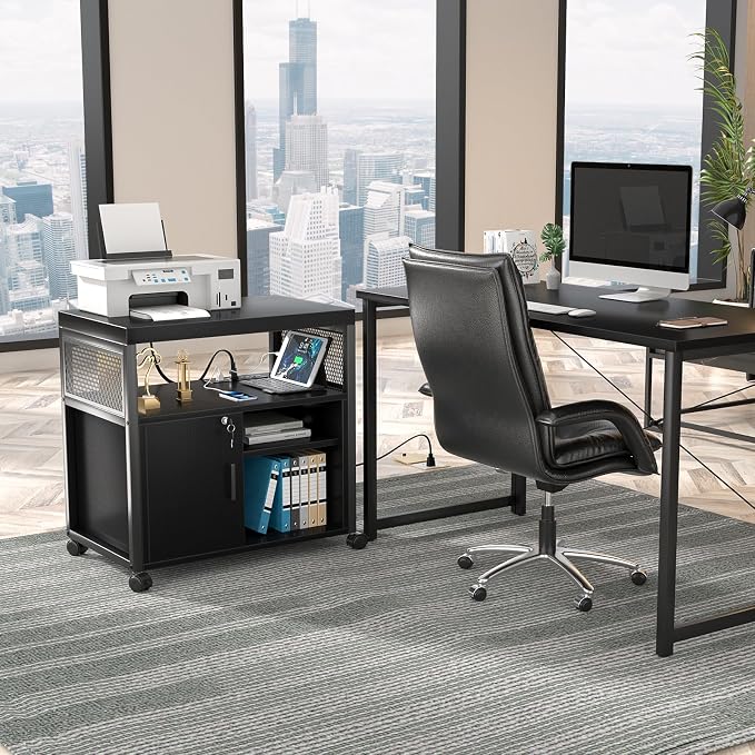 Unikito Lateral File Cabinet, Locking Office Printer Stand with Sockets and USB Charging Ports, Modern Rolling Printer Desk with Storage for A4, Letter Size and File Folders, Black