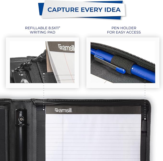 Samsill 15540 Regal Leather Padfolio Zipper 1 inch Ring Binder, Carry Handle, Interior 10.1 Inch Tablet Sleeve, Letter Size Writing Pad, Black