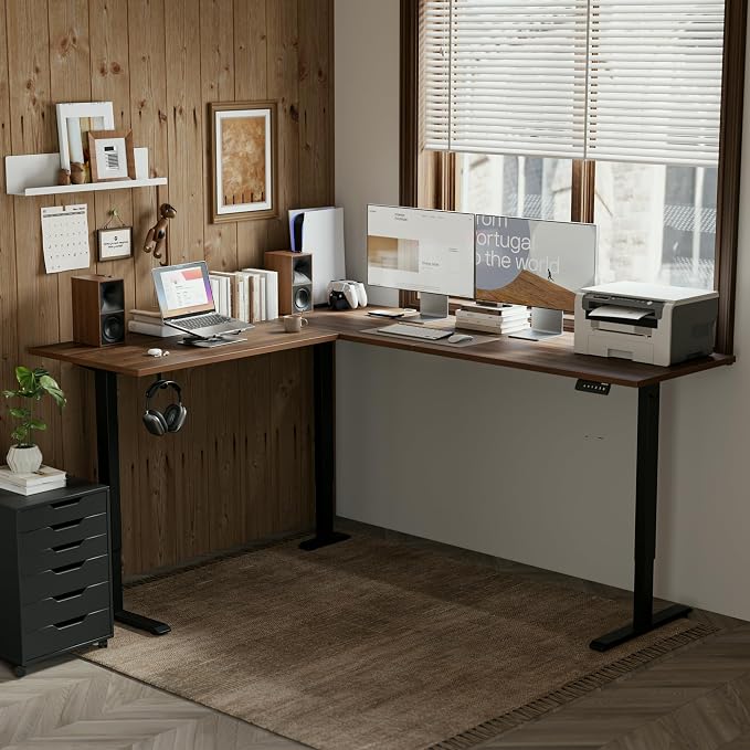 Agilestic 76 x 61 Inch L Shaped Electric Standing Desk, Dark Walnut | Corner Desk, Ample Workspace, Memory Presets, Hooks, Stable Steel Frame,176 lbs Capacity, Easy Assembly, Splice Board