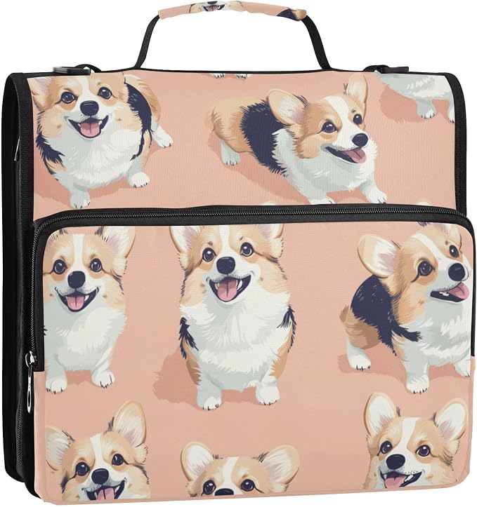 Fisyme Dogs Corgis Cartoon Zipper Binder 3 Ring with Zipper and Shoulder Strap Large Capacity Multi-Pocket Binder Organizer