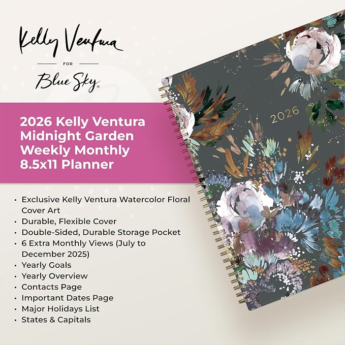 Blue Sky 2026 Weekly & Monthly Planner Calendar, 8.5"x11", Midnight Garden