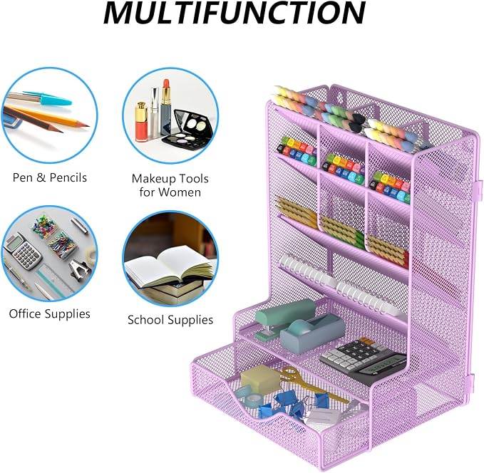 BOHDK Pen Organizer for Desk, Multi-Functional Desk Organizer, Wall Mount Pen Holder with Drawer for School, Office, Home, Art Supplies, Purple