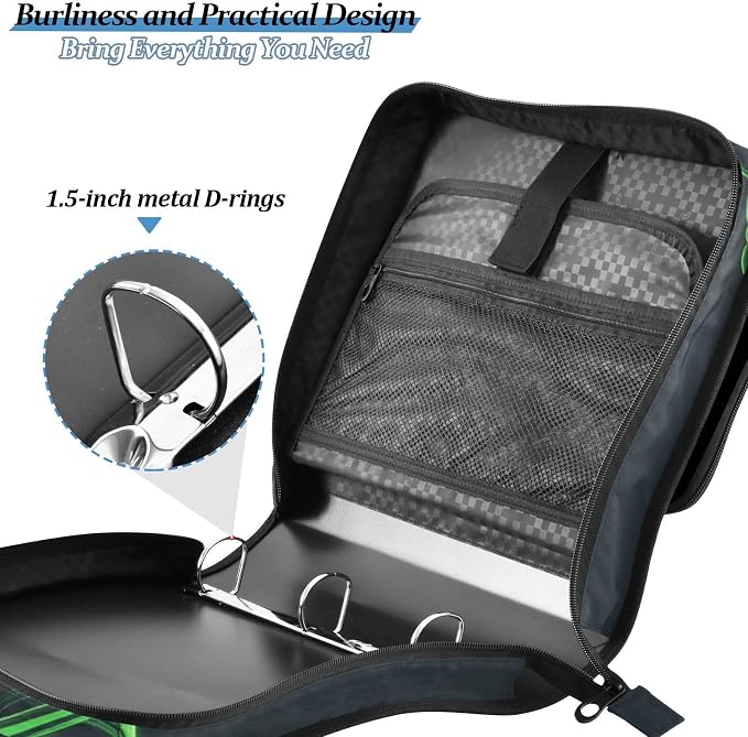 3 D-Ring Zipper Binder Bag, Green Hockey Player Removable Binder with Zipper Case Hold 300+ Sheets& 13 Inch Laptop for School Office Supplies Organizer