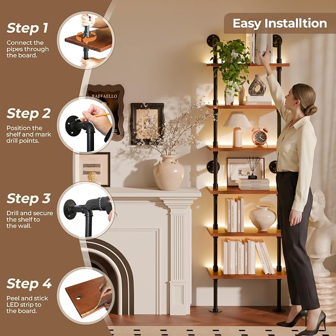 6-Tier LED Ladder Shelf, Wall Mounted Pipe Bookshelf, Walnut Brown 24 Inch | Solid pine 6-tier wall mounted pipe bookshelf with warm LED lights, 30 lb shelves, for books, plants and decor