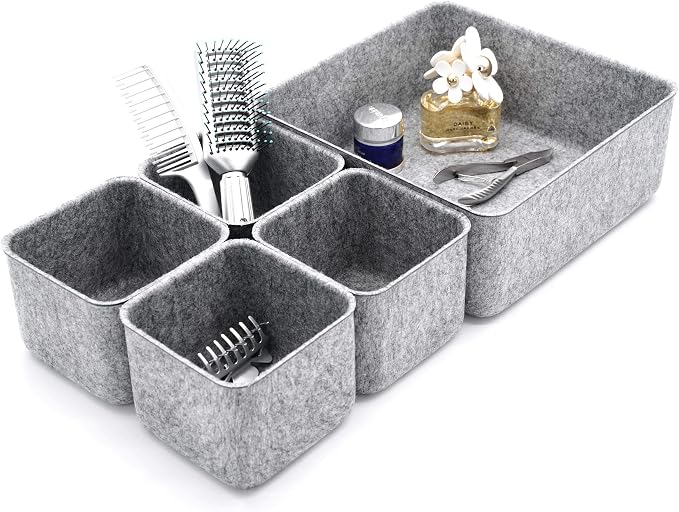 Desk Organizers Storage bins Set Office Drawer Organizers Pen holder pencil cup phone stand sticky note storage Closet Cabinet boxes Organizing 5-piece Pack (Gray)