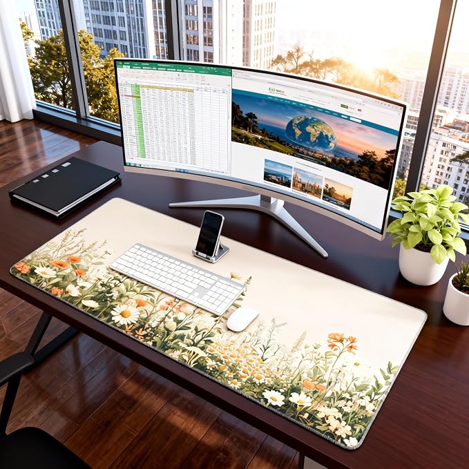 Floral Aesthetic Wildflower Gaming Mouse Pad, Beige Vintage Botanical Desk Mat with Anti-Slip Base & Stitched Edges, Office & Home Desk Decor for Women, 35.4" x 15.7" in Computer Desktop Mat