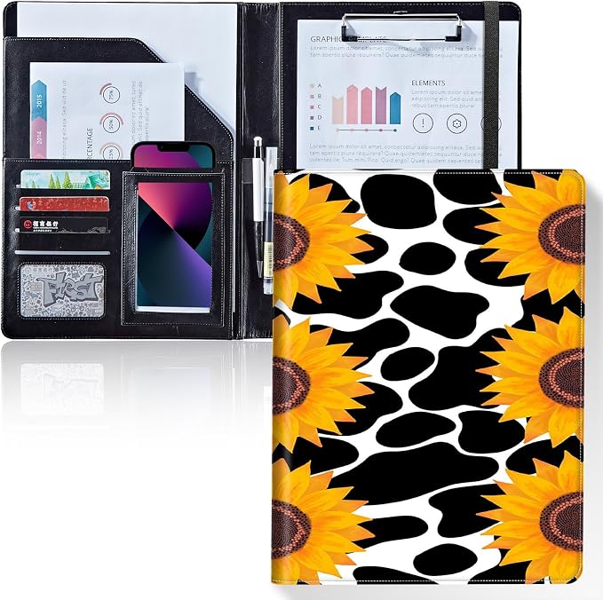 Padfolio/Portfolio Folder Clipboard,Padfolio Clipboard,Writing Portfolio Leather with Cover for Card Holder Slot Letter Size A4 for Office Conference Notepad Clip Boards,Cow Print Sunflowers