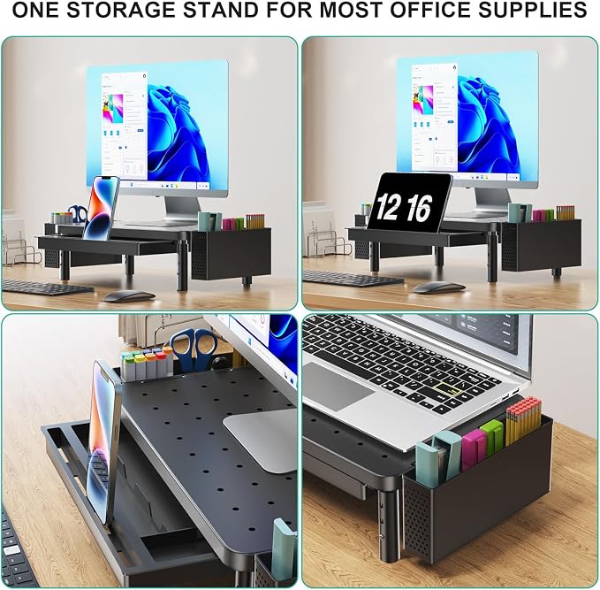 WALI Computer Monitor Stand with Storage, Desk Organizer with Drawer and Pen Holder, Desk Monitor Riser 3 Height Adjustable, Laptop Riser for Computer, Laptop, Printer(PTT003-B), 1 Pack, Black