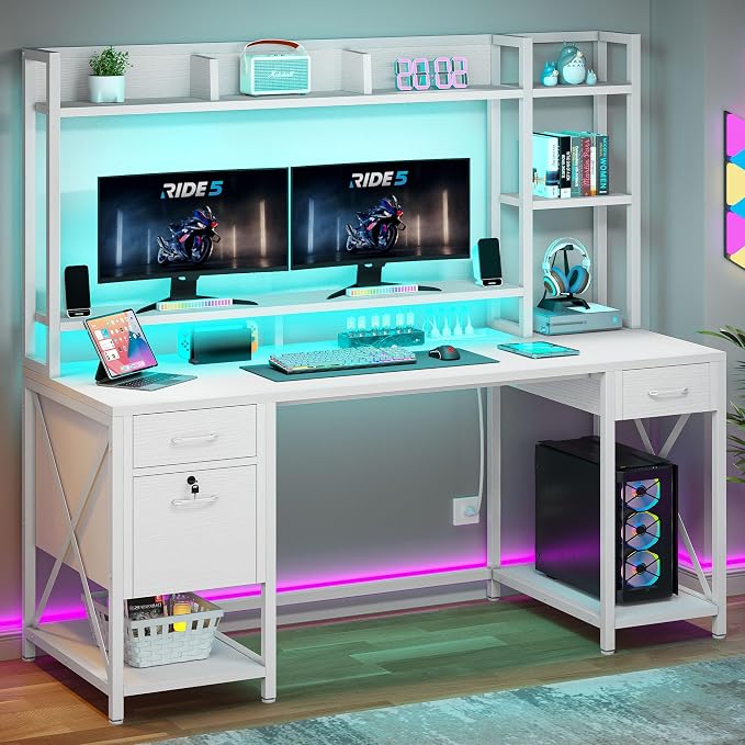 YITAHOME 59.1" Computer Desk with Drawers & Hutch, Power & LED, White | Hutch & Drawers, Monitor Stand, Power Outlets, LED Lights, Storage Shelves, for Home Office Gaming, Easy Assembly