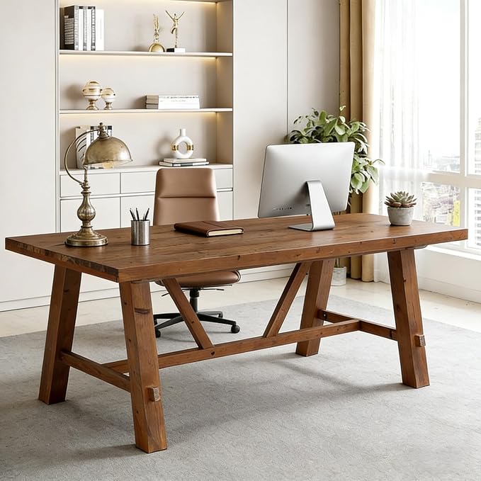 LITTLE TREE 70.87" Long Large Wood Desks, Solid Wood Office Desk, Farmhouse Executive Computer Desk, Home Office Workstaticon, Work Writing Table, Rustic Brown | Farmhouse Executive Computer Desk, Home Office Workstaticon, Work Writing Table, Rustic Brown