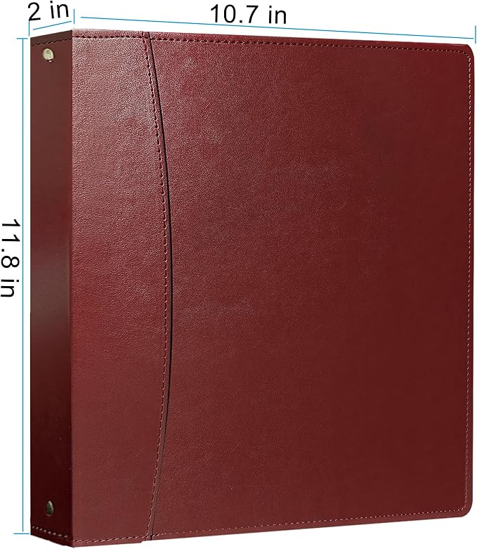 Vintage Faux Leather 3-Ring Binder, 2-Inch Spine, Round Ring, Fits Letter Size 8.5" x 11" Paper, Built-in Interior Pockets, Professional Document Binder (Red, 2 Inch)
