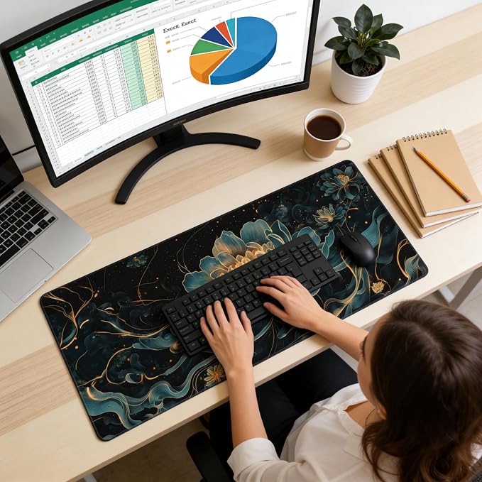 Floral Aesthetic Lotus Gaming Mouse Pad, Black Gold Chinoiserie Desk Mat with Anti-Slip Base & Stitched Edges, Office Supplies & Desk Decor for Women, 35.4" x 15.7" in Home Office Essentials