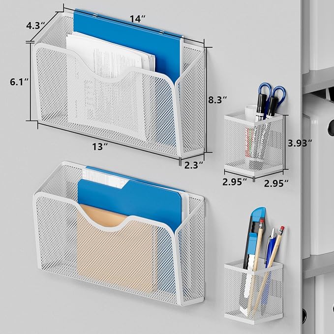 JANE EYRE Magnetic File Holder - 2pcs Hanging File Organizer Magazine Document Paper Holders with 2pcs Pen Holders for Classroom Cabinets Office,No Drilling(WHITE)