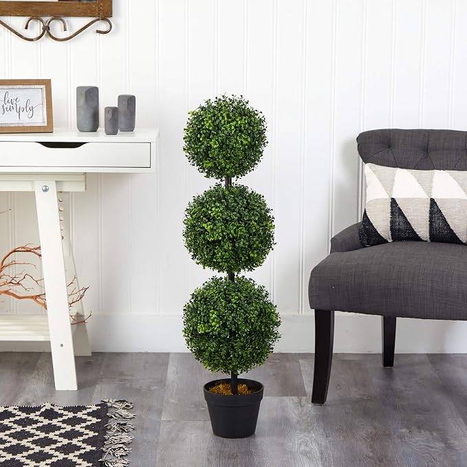 Nearly Natural 36 in Artificial Triple Ball Boxwood Topiary Tree with Pot | For Indoor or Outdoor Use, Realistic Faux Greenery, Home Patio and Office Decor, Low-Maintenance