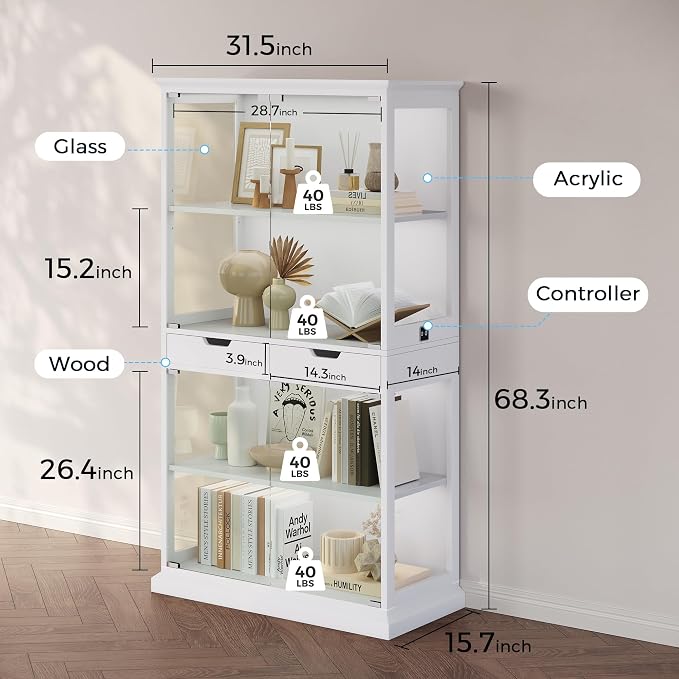 Jocoevol Display Cabinet with Glass Doors, 4-Tier Curio Cabinet with with 2 Drawers for Collectibles, Modern Glass Display Case Human Body Sensor & RGB Lights for Living/Game Room (White)