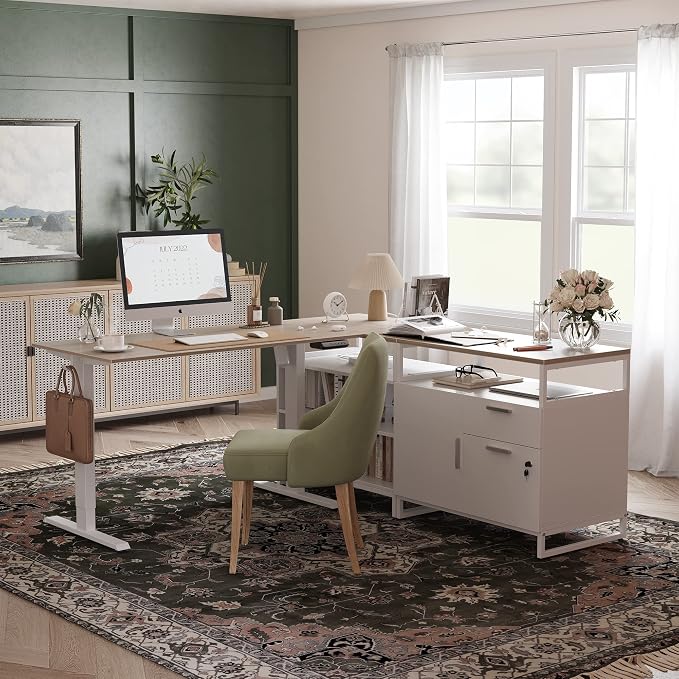 BANTI 66 Inches L Shaped Standing Desk with Drawers & Shelves, Executive Desk Adjustable Height Desk, Desk with Storage, Light Walnut Top/White Frame
