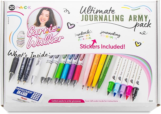 Pentel Carrie Walker Ultimate Journal Mix, Writing and Journaling Kit, Gel Pen/Mechanical Pencil/Marker Variety, 20 Pieces