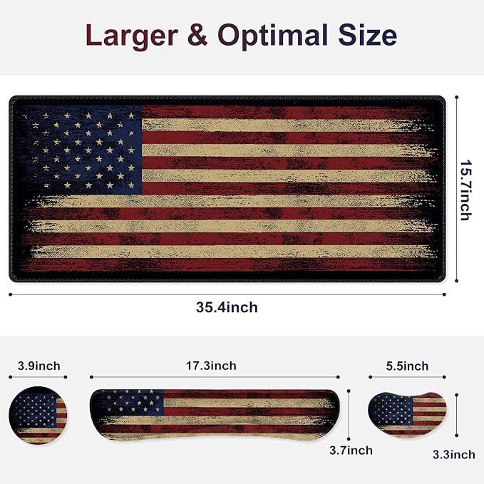 Desk Mat Pad, Gaming Mouse Pad Wrist Support Set, 4 in1 Non-Slip XXL Large Mousepad + Ergonomic Keyboard Wrist Rest+Mouse Wrist Rest+Coaster for Home Office PC Computer I Vintage American Flag