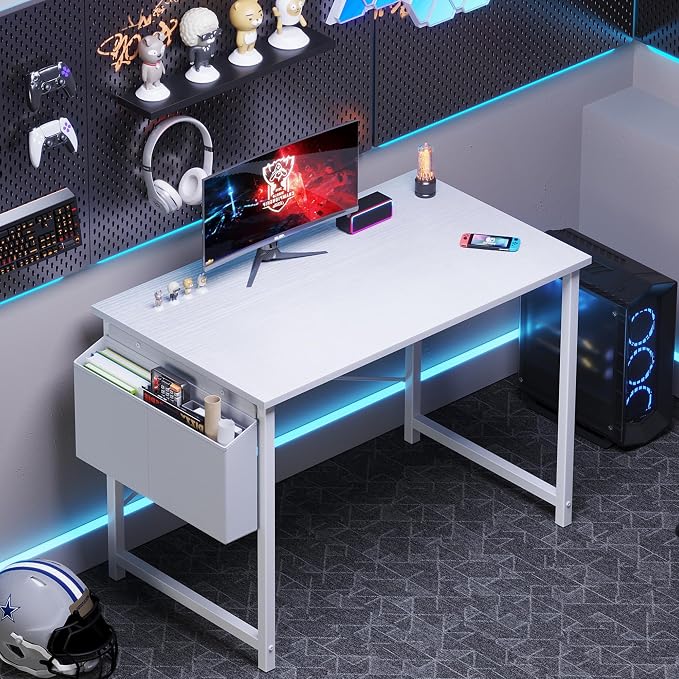 OLIXIS Small Computer Desk, 40 Inch Gaming Desks for Home Office | Writing Study Craft Work Table, Computer Workstation for Bedroom Small Spaces with Storage Bag, All White