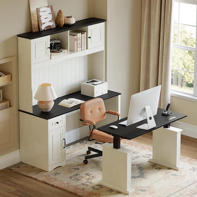 FEZIBO 80x60 L Shaped Electric Standing Desk with Hutch and Drawers, Farmhouse Height Adjustable Sit Stand Desk with Cabinets, Large Corner Home Office Computer Desk with Power Outlets, Antique White