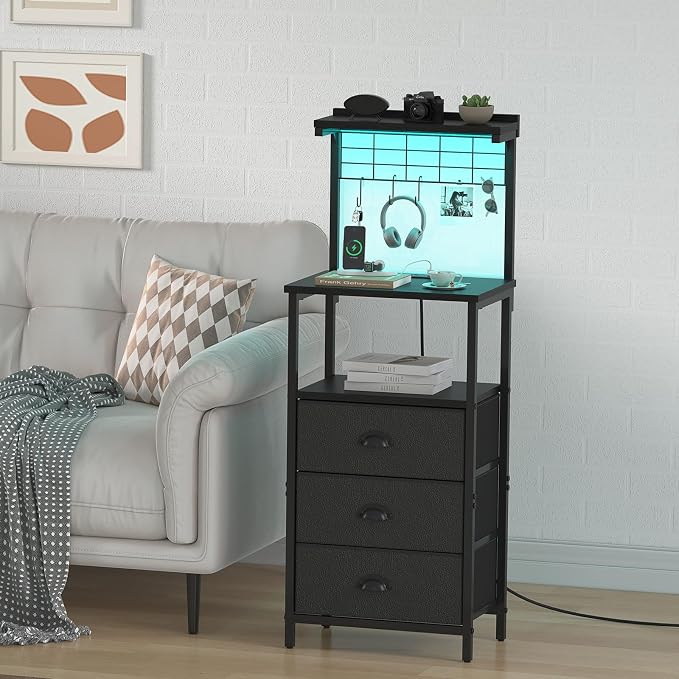 sthmec Bedside Tables Tall Nightstands with Charging Station, LED Bedside Table for Bedroom - 3 PU Fabric Drawers, Hooks, Black