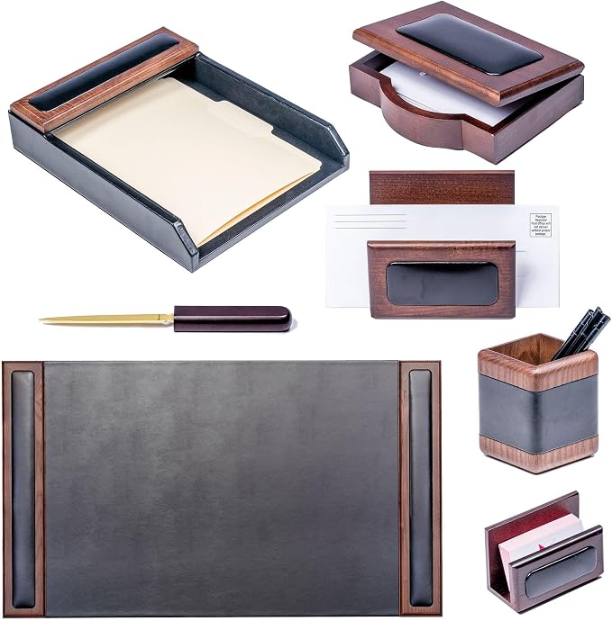 DACASSO Wood & Leather Desk Set - Luxury Leather Desk Pad & Desk Organization Essentials (Walnut and Black, 7 Piece)