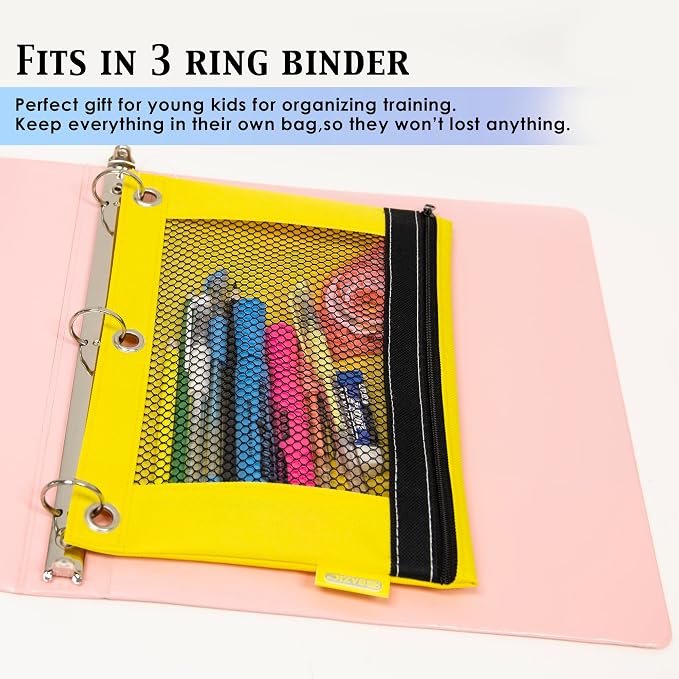 BAZIC PRODUCTS Bright Color 3-Ring Pencil Pouch with Mesh Window | clear mesh window and a zipper closure for pens, pencils, supplies