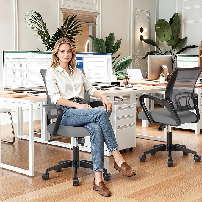BestOffice Ergonomic Office Chair | Mid-Back Swivel Desk Chair | Grey | with Lumbar Support, Adjustable Height & Breathable Backrest | Sponge Seat & Rolling Wheels | for Home, Office | Pack of 1