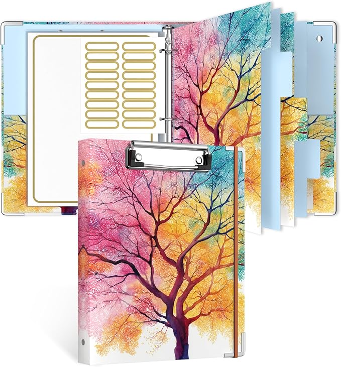 Rouidr Mini 3 Ring Binder with clipboard, 1 inch Round Binder Organizer, 8.5"x5.5" Cute Binder with 5 Dividers Tabs & Clear Sleeves, School Supplies, Office Supplies