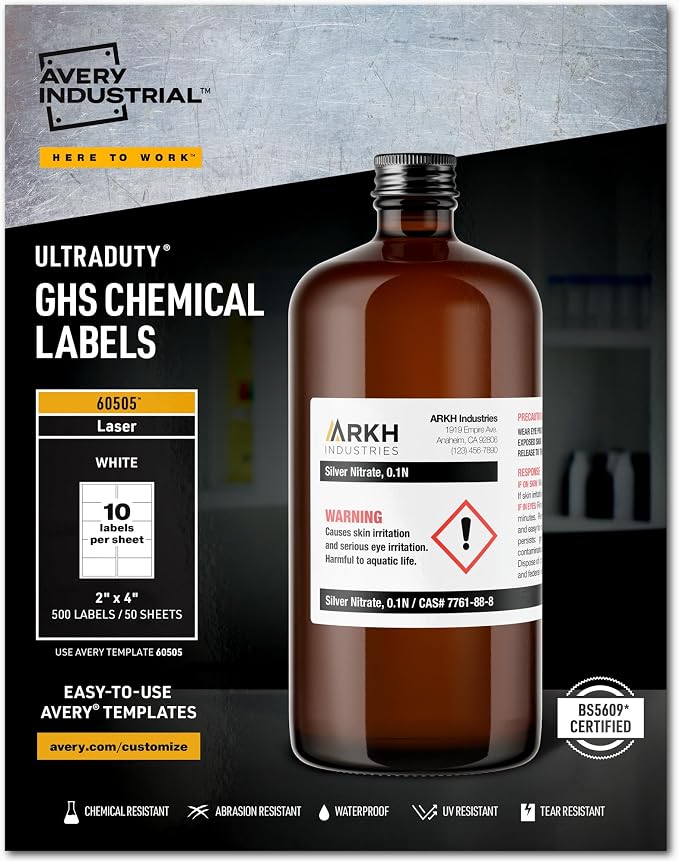 Avery UltraDuty GHS Chemical Labels for Laser Printers, Waterproof, UV Resistant, 2 x 4, 5 Packs (60505)