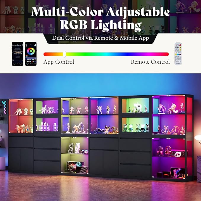 AMERLIFE RGB Display Cabinet, 32 x 16 x 36 Inch | 2-Tier Storage Case with LED Lights and 2 Glass Flip-Up Doors, Black